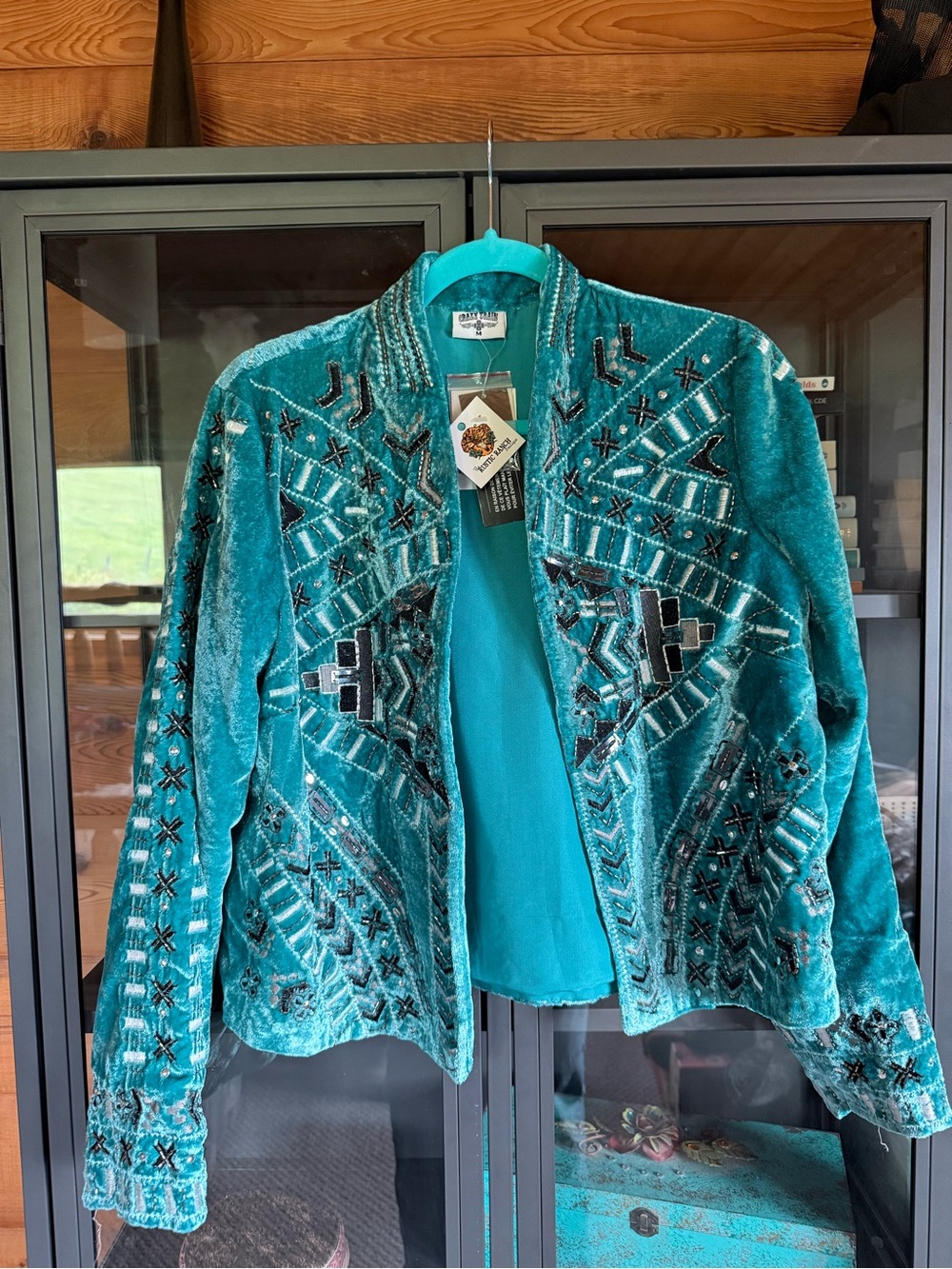 Crazy Train Teal Velvet Embroidered Open Jacket